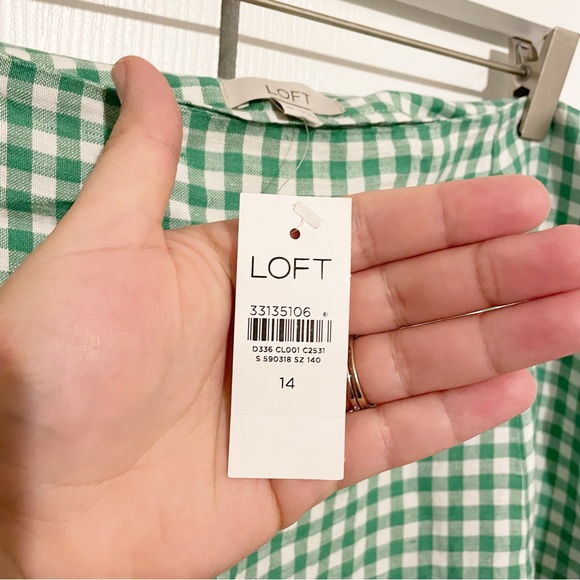 Loft Green Gingham Side Slit Midi Skirt Linen Blend Size 14 - Picture 6 of 9